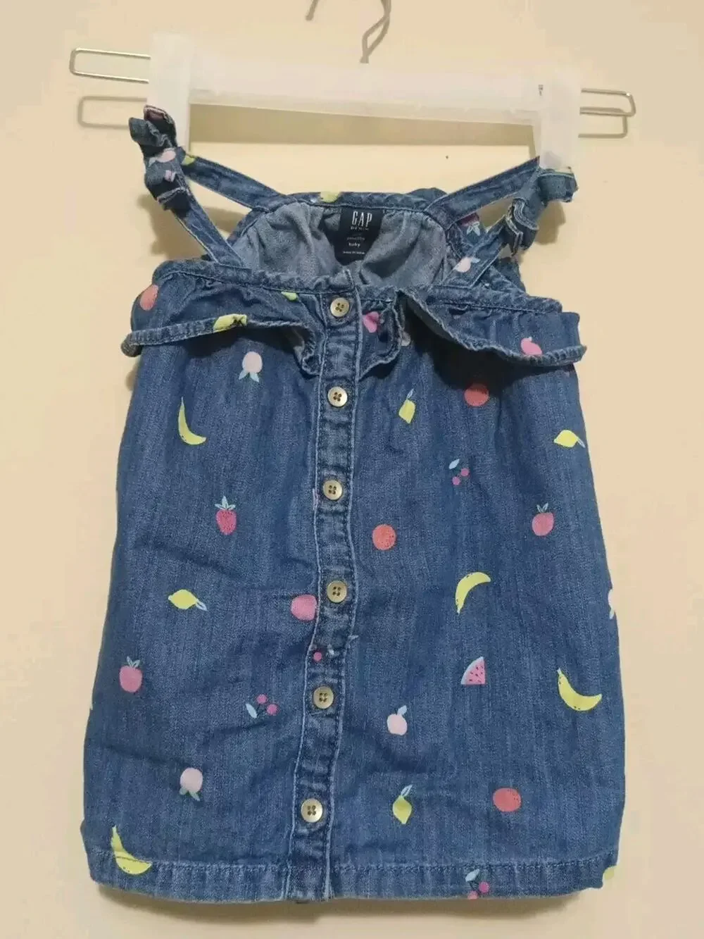 Baby Gap Denim Fruit Print Ruffle Sundress 3-6M Blue Cotton Overall Dress